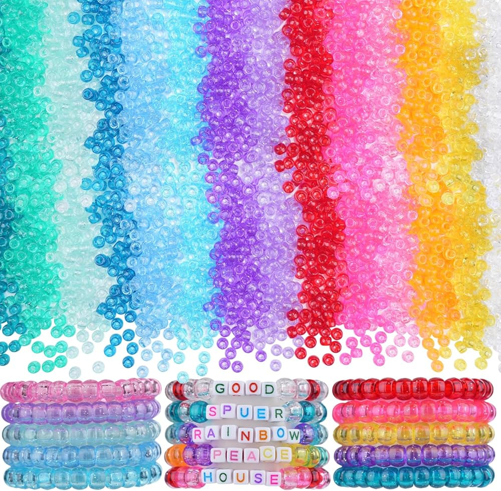 Pony Beads 1000pcs Glitter Clear Plastic Beads Transparent Beads with Sparkling Glitter Assorted ... | Amazon (US)