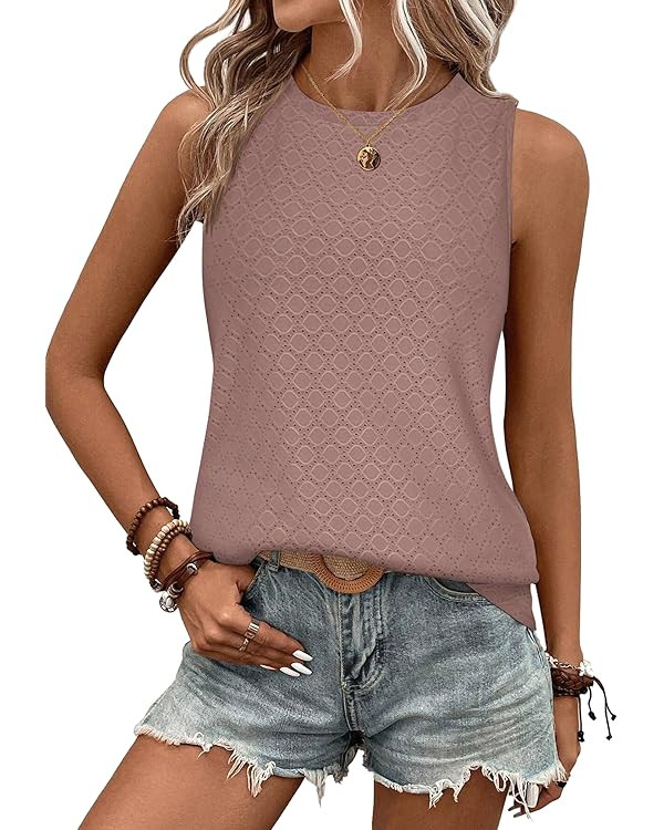 Zeagoo Tank Tops for Women Sleeveless Eyelet Shirts High Neck Cute Summer Top Loose Fit S-XXL | Amazon (US)