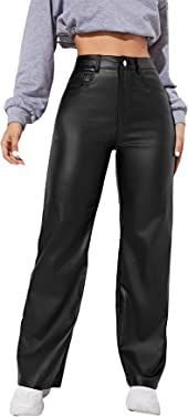 MakeMeChic Women's High Waist Pockets Straight Wide Leg Jeans Leather Look Pants | Amazon (US)