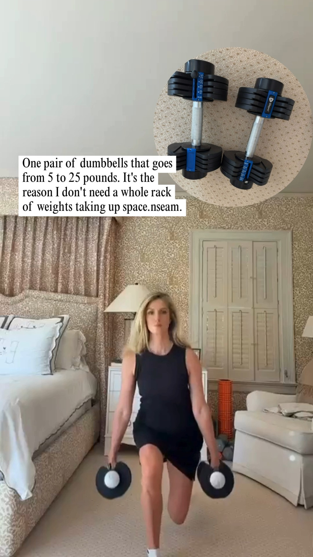 These two live on the floor next to my bed, and I'll be honest, they're the reason I actually work out at home. 💪

They're the Lifepro adjustable dumbbells, and each one goes from 5 up to 25 pounds. There's a little blue slider with the numbers printed right on it (5, 10, 15, 20, 25), so you just set the weight you want and go. It's one pair taking the place of a whole rack of weights, which is a big deal when you don't have a lot of space. 🏠

I linked them so you can check them out. If you've been wanting to start strength training at home without turning a room into a gym, tap the link. 👇 

 #LTKselfcare #LTKActive #LTKSaleAlert