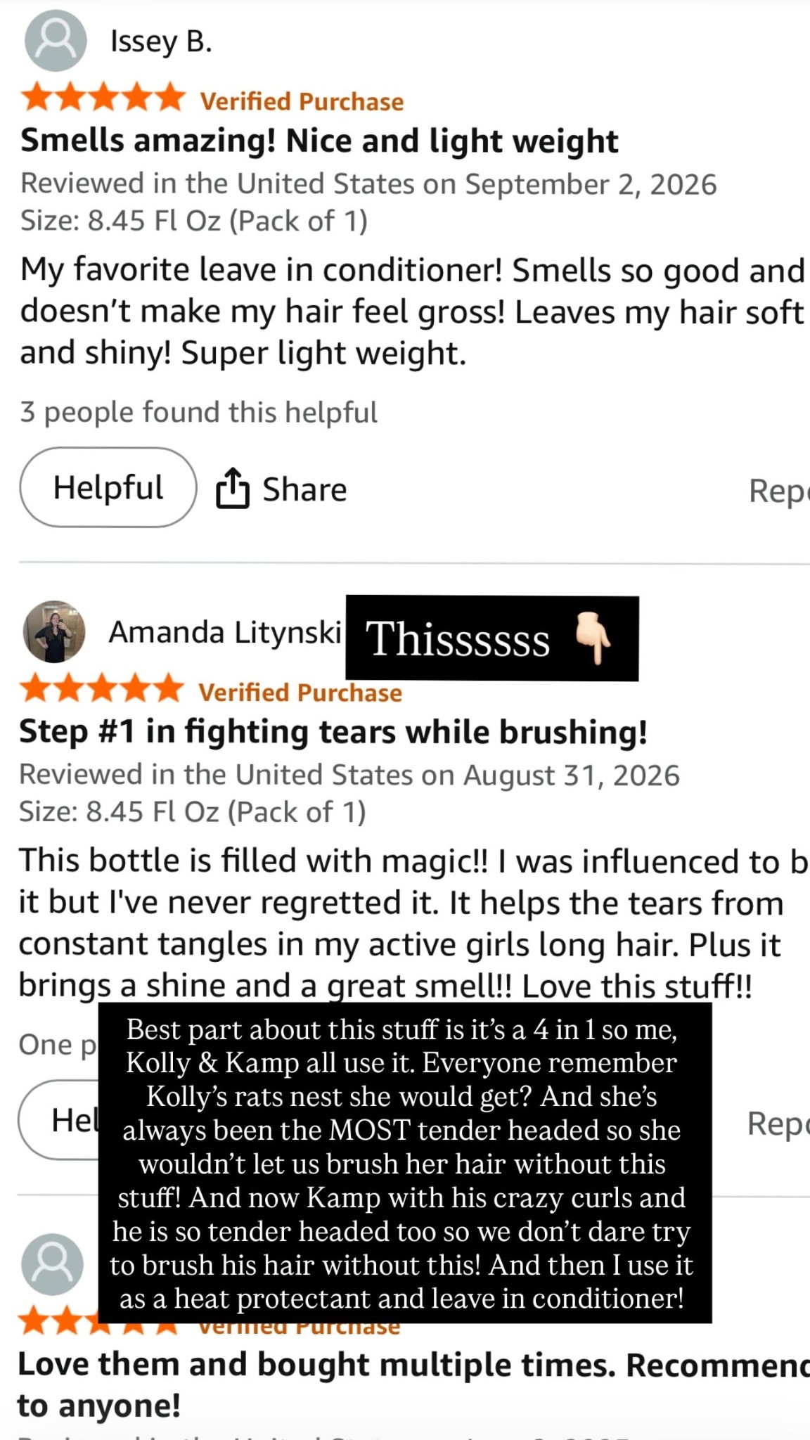 Thissssss 👇🏻 Best part about this stuff is it’s a 4 in 1 so me, Kolly & Kamp all use it. Everyone remember Kolly’s rats nest she would get? And she’s always been the MOST tender headed so she wouldn’t let us brush her hair without this stuff! And now Kamp with his crazy curls and he is so tender headed too so we don’t dare try to brush his hair without this! And then I use it as a heat protectant and leave in conditioner!