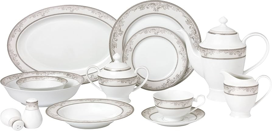 Lorren Home Trends 57 Piece 'Juliette' Bone China Dinnerware Set (Service for 8 People), Silver | Amazon (US)
