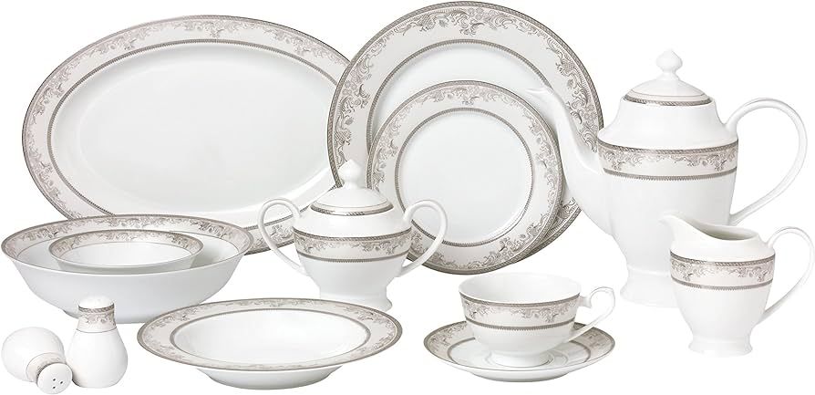 Lorren Home Trends 57 Piece 'Juliette' Bone China Dinnerware Set (Service for 8 People), Silver | Amazon (US)