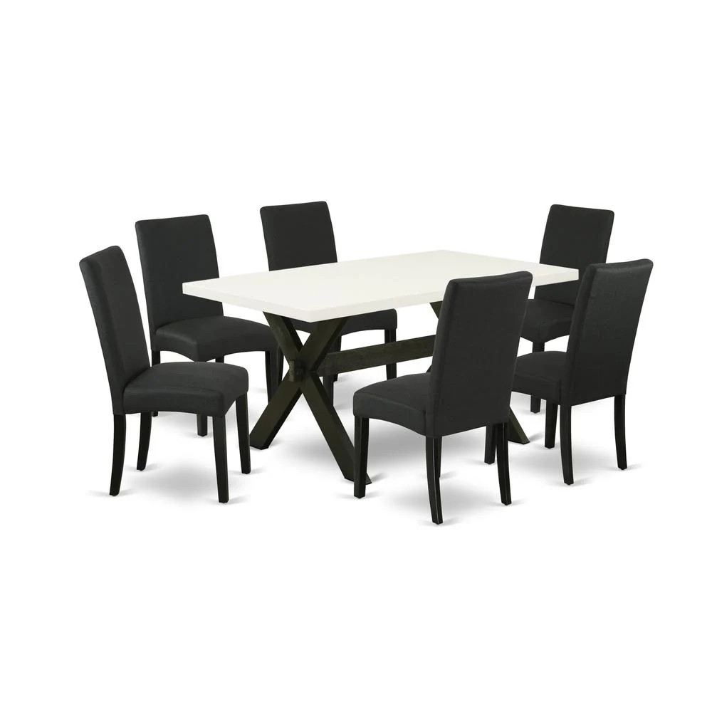 7-Piece Dining Room Table Set- 6 Dining Chair with Black Linen Fabric Seat and Stylish Chair Back - Rectangular Table Top & Wooden Cross Legs | Shop Simon