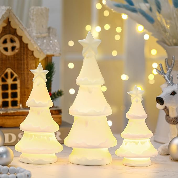 Domensi 3 Pcs Lighted Ceramic Christmas Tree Snowman Decor Porcelain White Ceramic Figurines with... | Amazon (US)