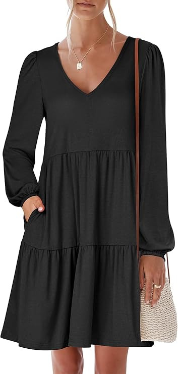 ANRABESS Womens Fall Long Sleeve V Neck Casual Short Dress | Amazon (US)
