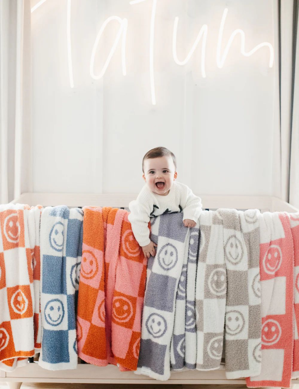 TSC x Tia Booth: Checkered Smiley Children's Blanket- Blue Pre-Order 12-05 | The Styled Collection