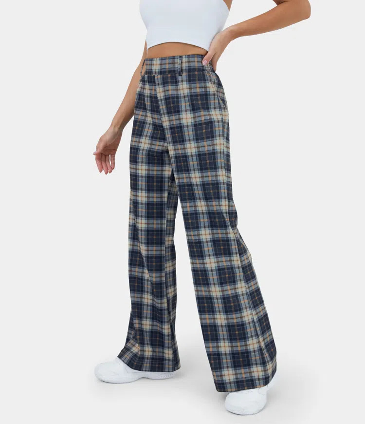 Women's High Waisted Plaid Wide Leg Casual Pants - HALARA | HALARA