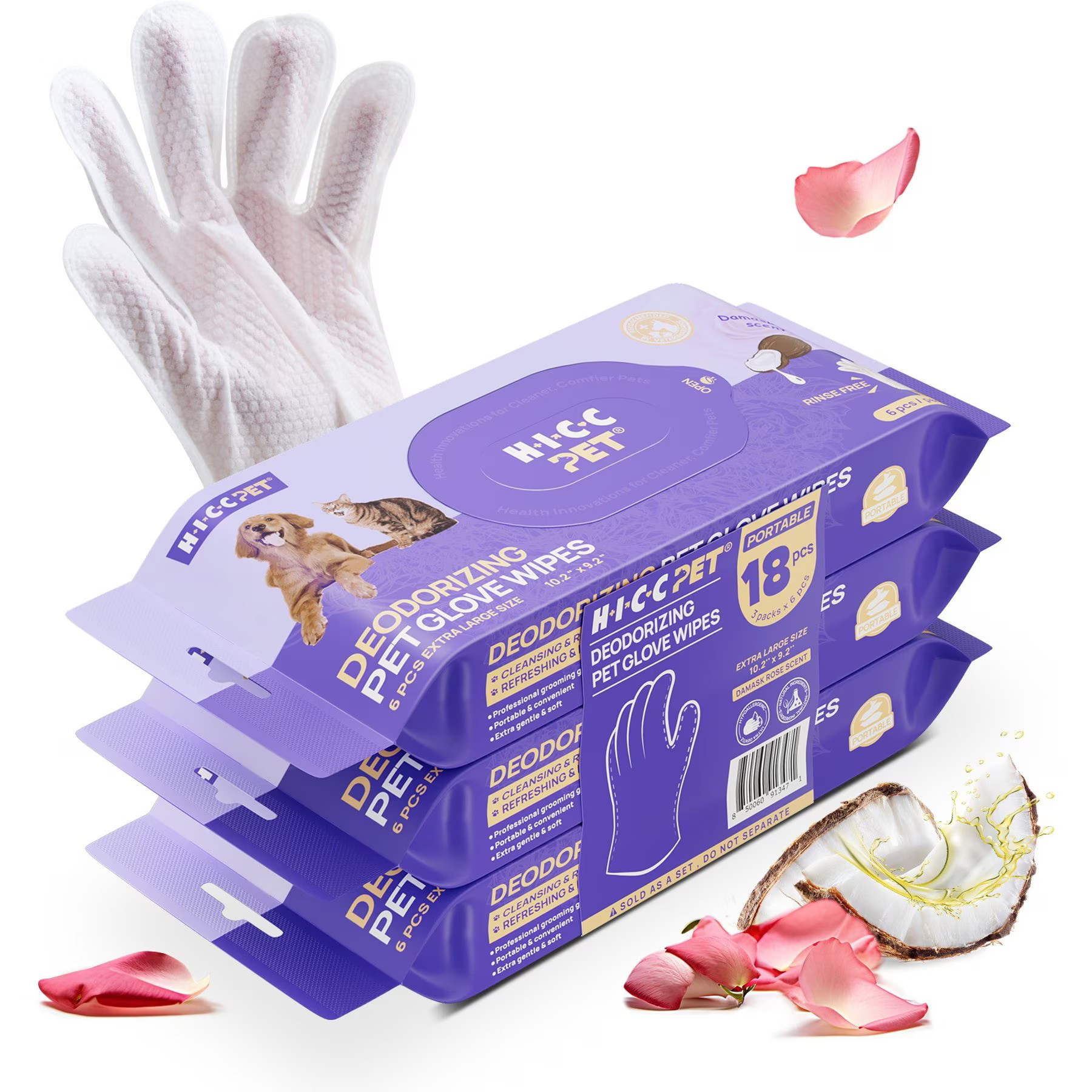 HICC PET Portable Deodorizing Glove Dog Grooming Wipes, Rose Scented, 6 count, 3 pack | Chewy