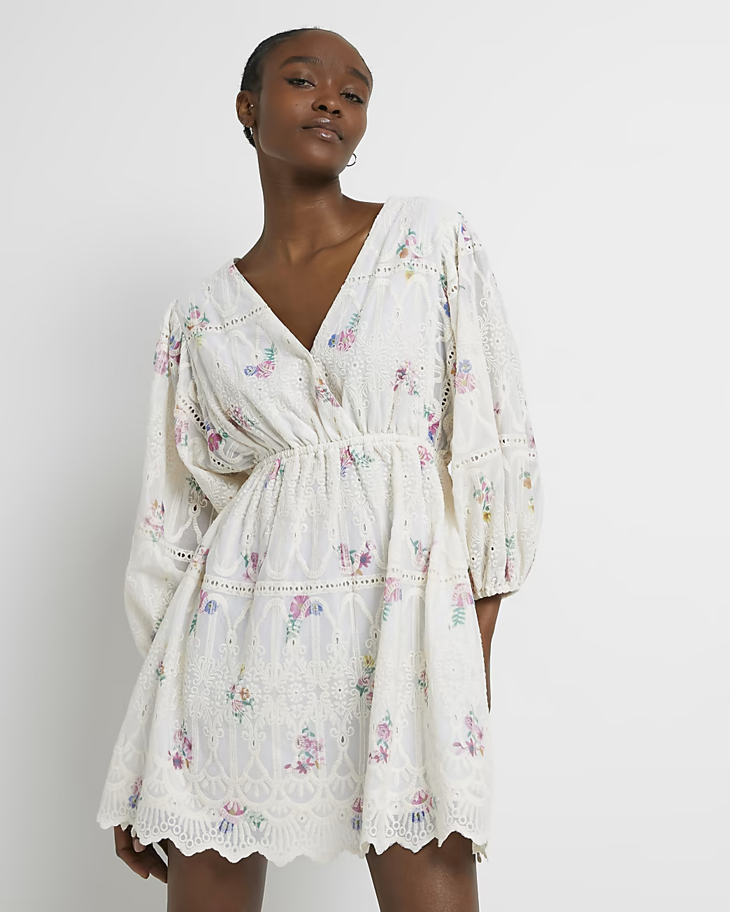 Cream floral broderie smock mini dress | River Island (UK & IE)
