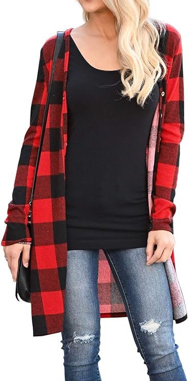 Dressmine Women's Long Sleeve Open Front Cardigan Buffalo Plaid Knitted Maxi Sweater Coat Outwear | Amazon (US)