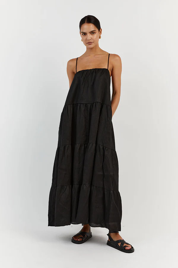 KINGSLEY BLACK LINEN MAXI DRESS | DISSH