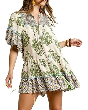 Women Boho Floral Mini Dress Short Puff Sleeve Flowy A Line Dress Ruffle V Neck Loose Babydoll Dr... | Amazon (US)