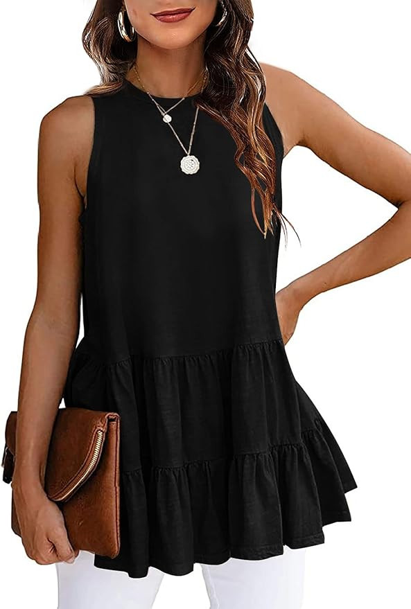 HAEOF Women's Summer Sleeveless Peplum Babydoll Tops Casual Crew Neck Flowy Loose Fit Tunic Tank ... | Amazon (US)