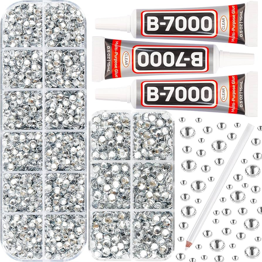 b7000 Glue with 7500Pcs Clear Silver Rhinestones for Crafts Clothes Clothing Fabric, Shiny Flatba... | Amazon (US)
