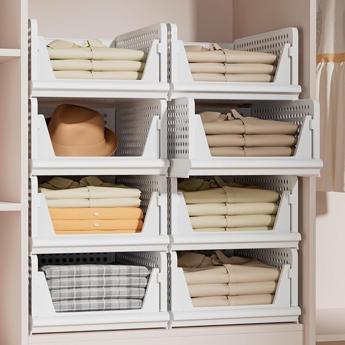 Proarea Stackable Plastic Storage Basket Closet Organizer Bin Foldable Clothes Organizer Storage ... | Amazon (US)