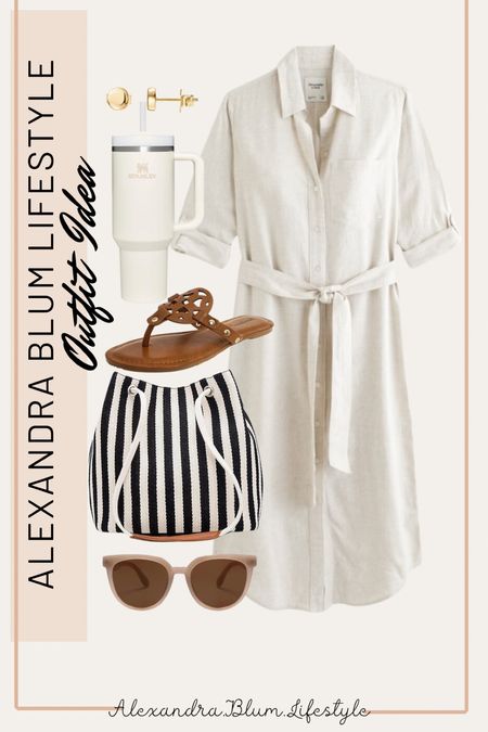 Perfect vacation outfit idea with this Abercrombie white tie waist casual dress! Accessories all from Amazon! Sandals, striped bucket bag purse, brown tan sunglasses, Stanley tumbler cup! 

#LTKfindsunder100 #LTKswim #LTKtravel