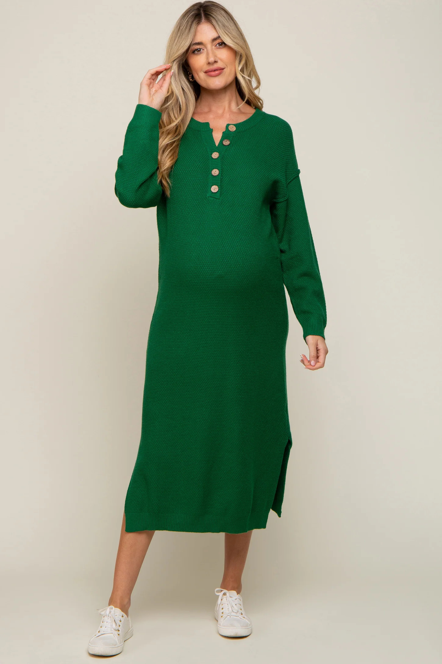 Hunter Green Waffle Knit Button Long Sleeve Maternity Midi Dress | PinkBlush Maternity