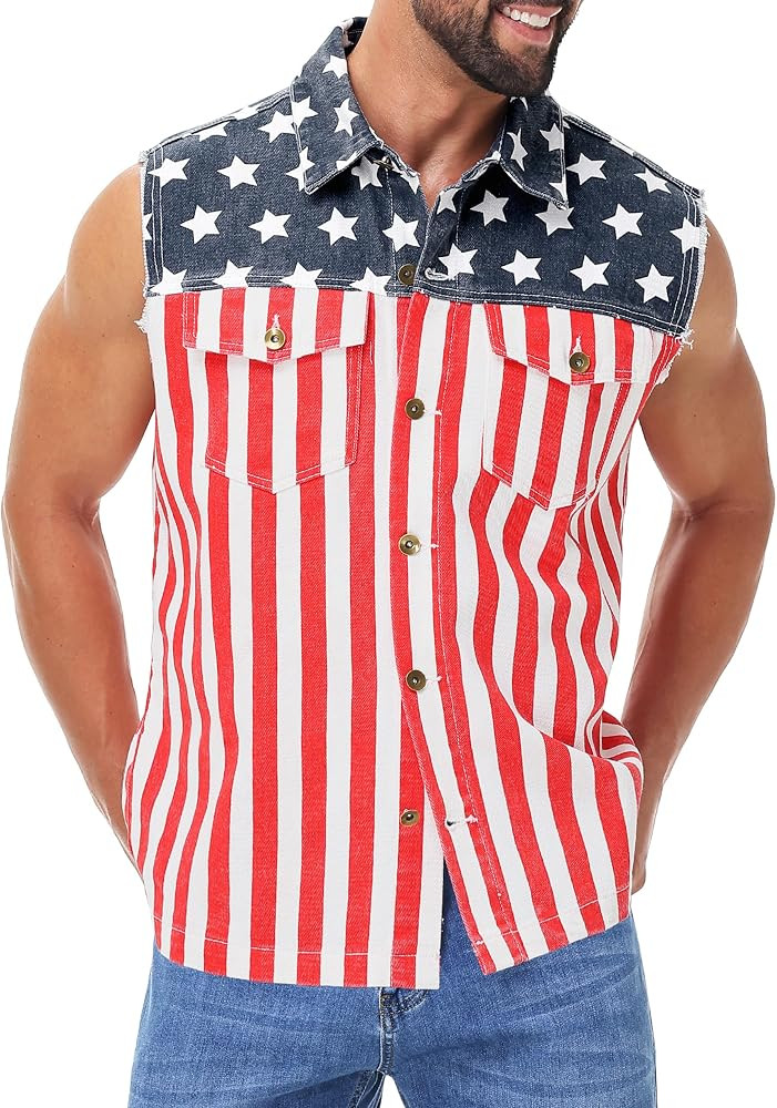 AOBUTE Mens 4th of July Denim Vest American Flag Print Sleeveless Jean Jacket | Amazon (US)