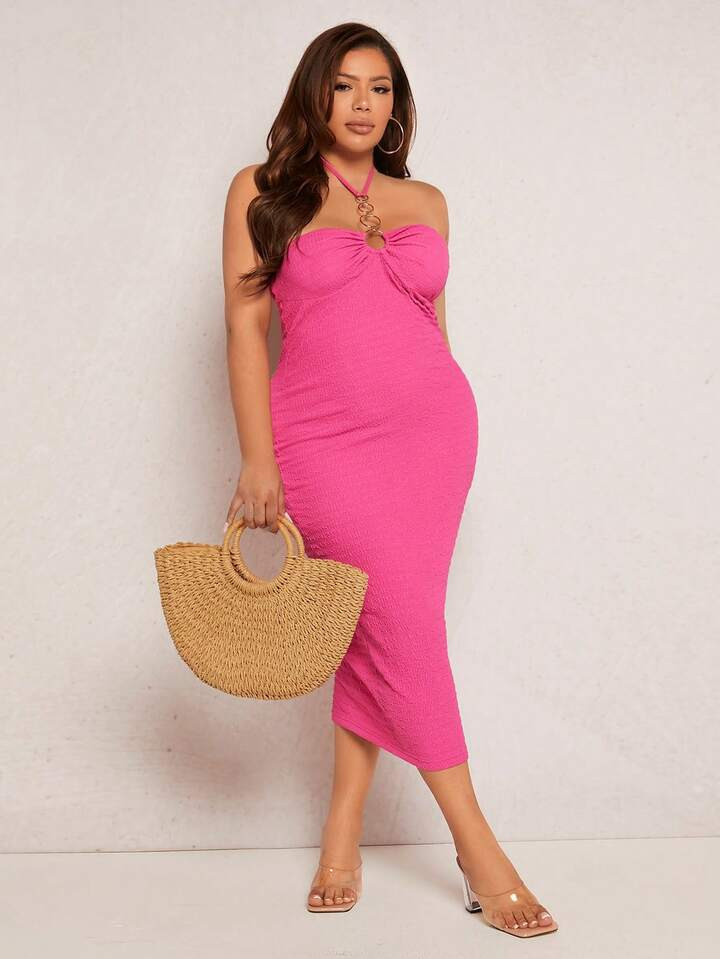 SHEIN SXY Plus Solid O-ring Detail Halter Neck Backless Dress | SHEIN
