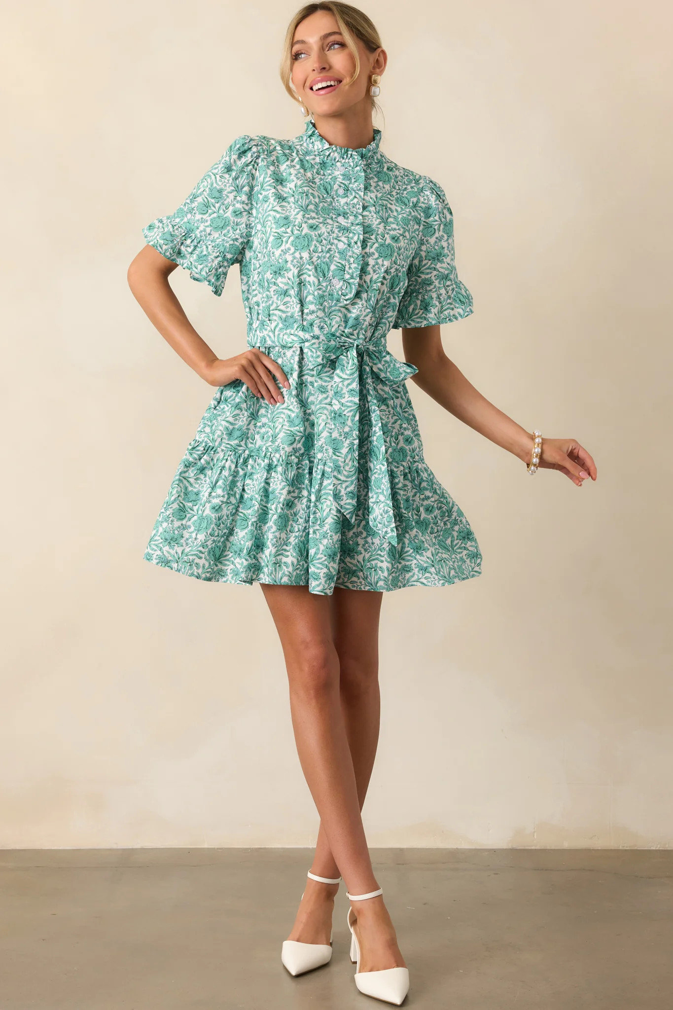The Right Timing Teal Green Floral Cotton Mini Shirt Dress | Red Dress