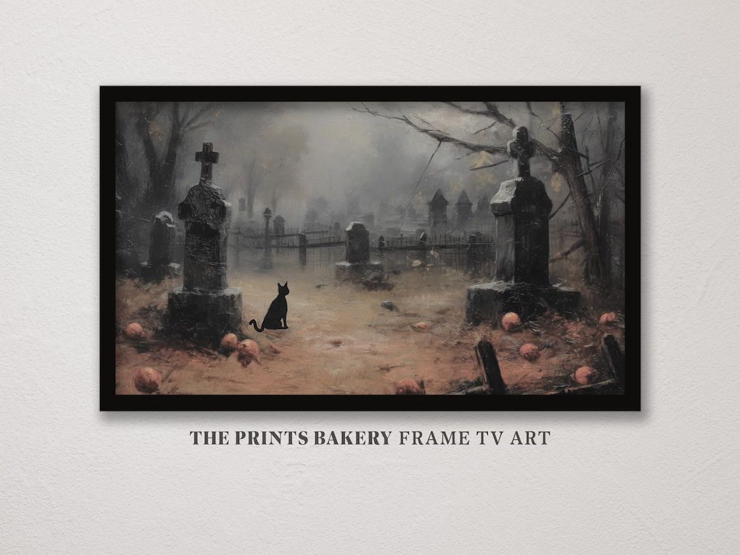Vintage Halloween Frame TV Art Black Cat in Graveyard - Etsy | Etsy (US)