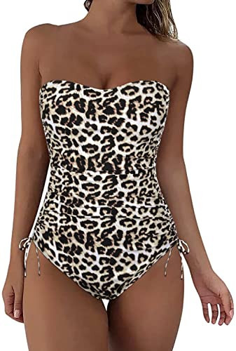 Firpearl Womens One Piece Leopard Bathing Suit Strapless Slimming Tummy Control Swimwear Side Drawstring Ruched Leopard Swimsuit US18 | Amazon (US)