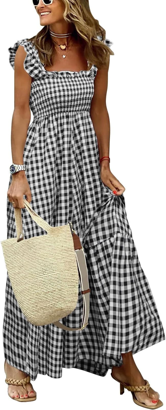 chouyatou Women's Retro Plaid Smocked Dress Spaghetti Strap Flounce Long Dress | Amazon (US)