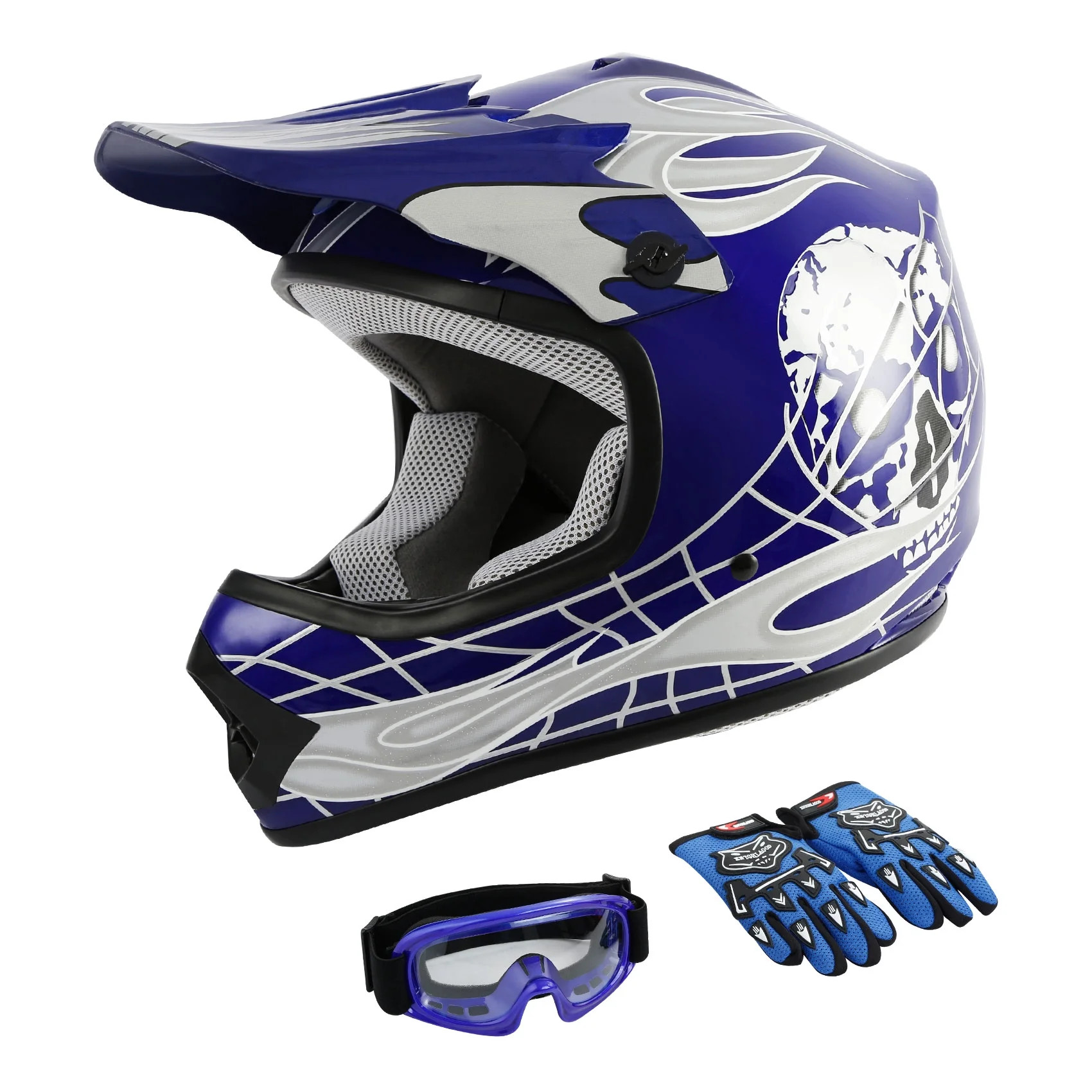 TCMT DOT Motorcycle Helmet for Kids Blue Flame Skull with Goggles & Gloves for Atv Mx Motocross O... | Walmart (US)