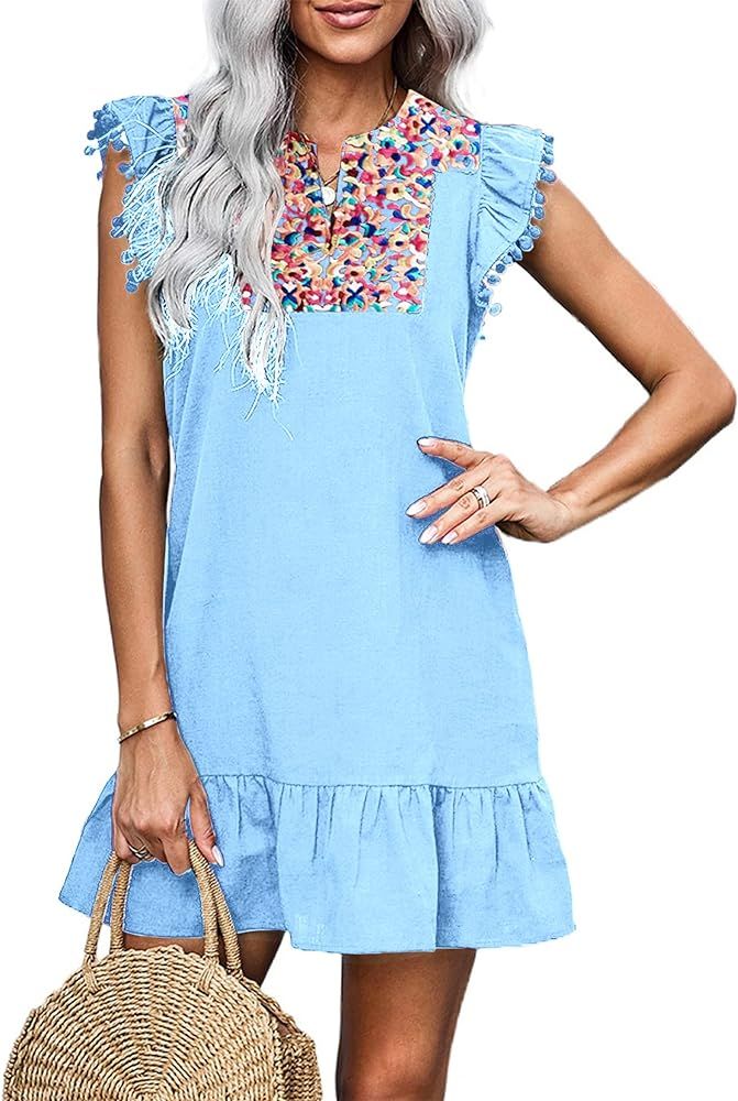 KIRUNDO Women's Summer Mini Dress Casual V Neck Floral Embroidery Ruffle Sleeveless Shift Dress Flow | Amazon (US)