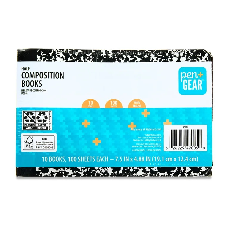 Pen+Gear Wide Rule Half Composition Book, 7.5" x 4.88", Black and White, 100 Pages (10 Pack), New... | Walmart (US)