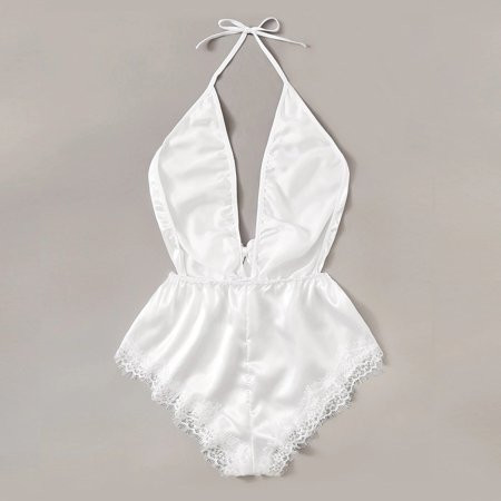 Lidyce Women V-Neck Lace Stain Bow Lingerie Bodysuit Sleepwear Pajamas Silk Jumpsuit White XXL | Walmart (US)