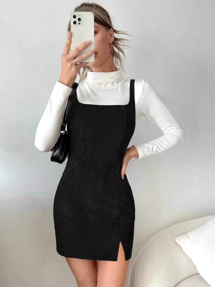 SHEIN EZwear Split Hem Overall Dress Without Tee | SHEIN