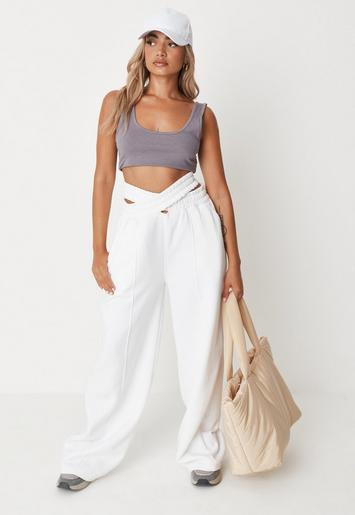 Missguided - Petite White Thong Waistband Wide Leg Joggers | Missguided (UK & IE)