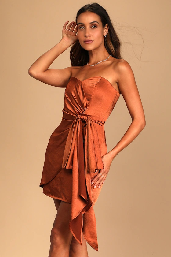 Out Past Midnight Rust Brown Satin Strapless Mini Dress | Lulus (US)