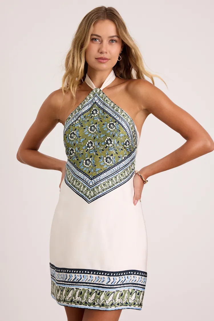 Ayson Ivory and Green Scarf Print Halter Mini Dress | Lulus