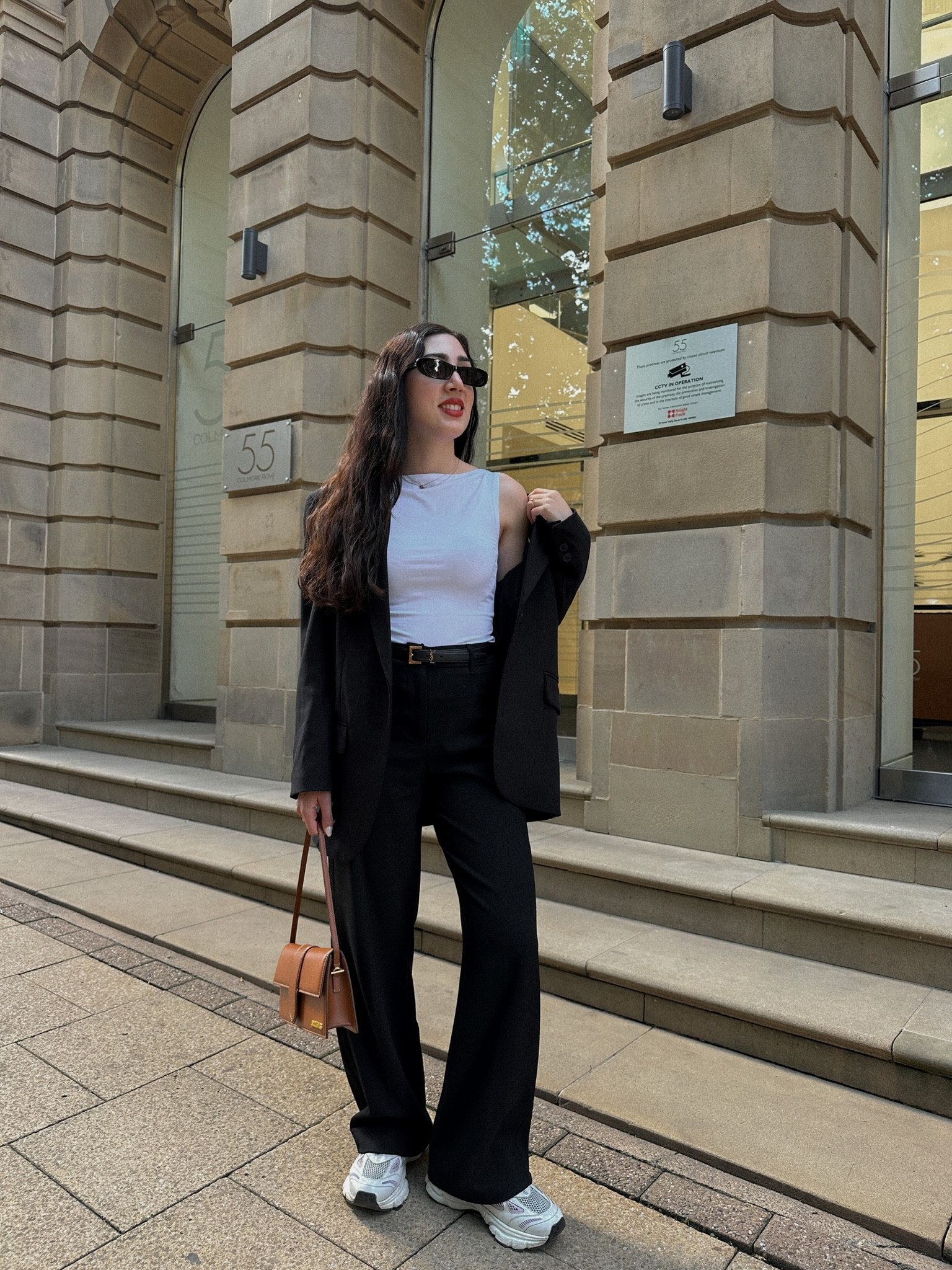 Black tailored pants, oversized blazer, boatneck sleeveless top, jacquemus le bambino long bag, ysl belt, saint laurent sunglasses, axel arigato marathon sneakers

#LTKstyletip #LTKFind #LTKeurope