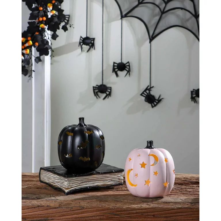 Way to Celebrate 2-Count Halloween LED-Light Black & Pink Resin Pumpkin | Walmart (US)