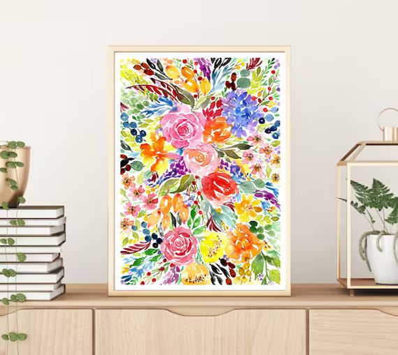 Colourful Spring Flowers Art Print, Floral Watercolour Painting, Bright Home Decor, Botanical Nat... | Etsy (US)