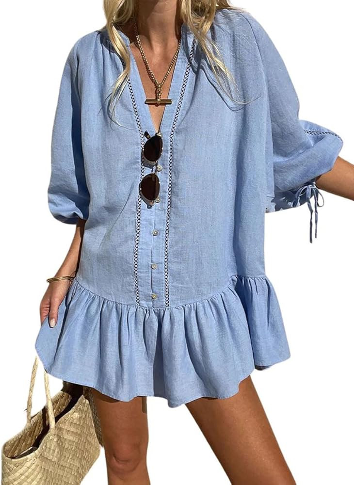 CHARTOU Women Summer Lace Ruffle Mini Dress 3/4 Bow Sleeve Beach Loose Peplum Babydoll Dress | Amazon (US)