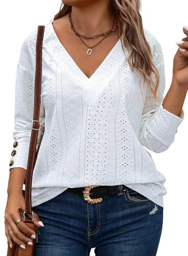 Eytino Women Plus Size Blouse V Neck Hollow Out Lace Embroidered Long Sleeve Loose Comfy Soft Shirts Tops,1X White | Amazon (US)