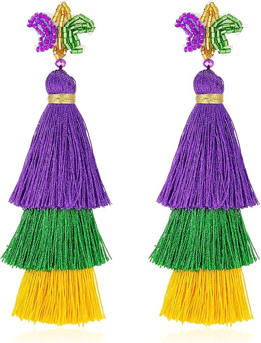 Mardi Gras Tassel Earrings Bling for Women, Mardi Gras Beaded Earrings, Mardi Gras Dangle Drop Ea... | Amazon (US)