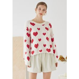 Fuzzy Contrast Heart Knit Sweater in Ivory | Chicwish