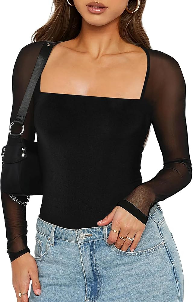 Women's Sexy Mesh Long Sleeve Tops Square Neck Blouse Slim Fit See Through Shirt Going Out Party ... | Amazon (US)