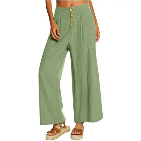 Womens Comfy Cotton Linen Pants Solid Button Mid Waist Wide Leg Pants with Pockets Summer Casual Flo | Walmart (US)