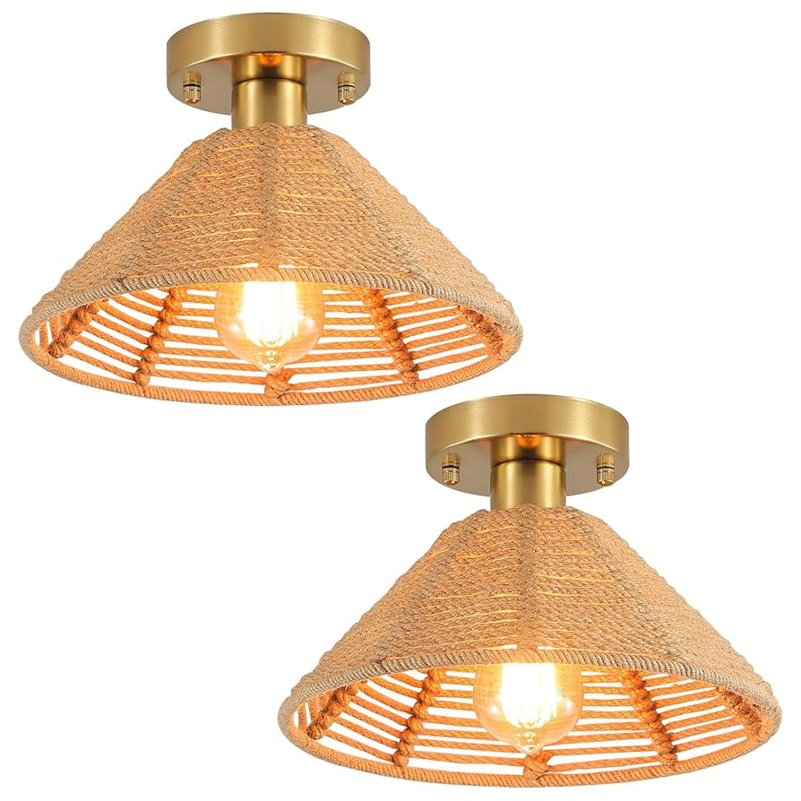 2 Pack Coastal Antique Gold Woven Flush Mount Light Fixture Boho Rustic Hemp Rope Brass Small Sem... | Amazon (US)