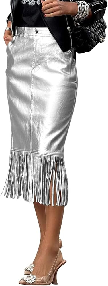 PRETTYGARDEN Women's Metallic Midi Party Skirt Casual High Waisted Fringe Shiny Y2K Long Pencil S... | Amazon (US)