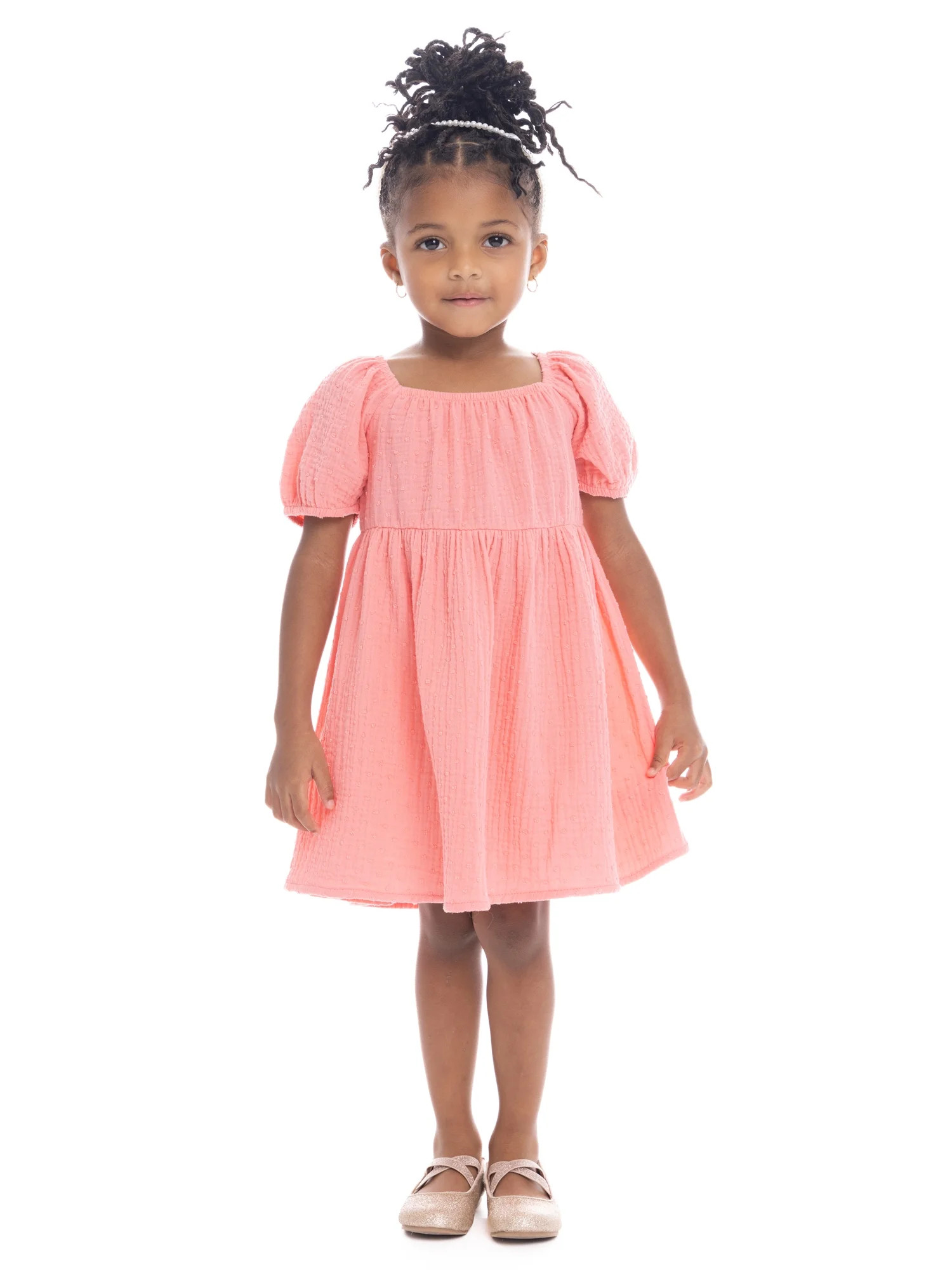 Wonder Nation Toddler Girl Cotton Swiss Dot Dress with Puff Sleeves, Sizes 12M-5T | Walmart (US)