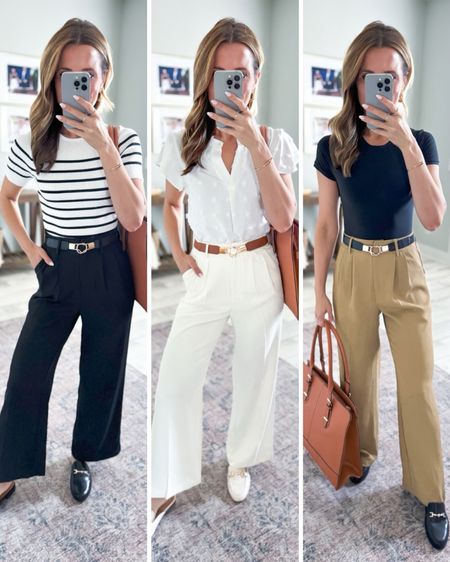 Amazon workwear. Amazon work outfits. Amazon business casual. Teacher outfits. Wide leg work pants in XS short, colors are black, beige and khaki. Amazon work blouses in smallest size each. Amazon striped sweater in small. Amazon work shoes are TTS. 

#LTKworkwear #LTKfindsunder50 #LTKshoecrush