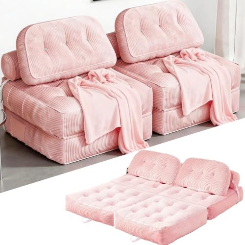 NESLAKO Folding Sofa Bed, Flannel Futon Couch Bed with Pillow and Blanket, Convertible Sleeper Chair for Living Room Bedroom (Two Pink) | Amazon (US)